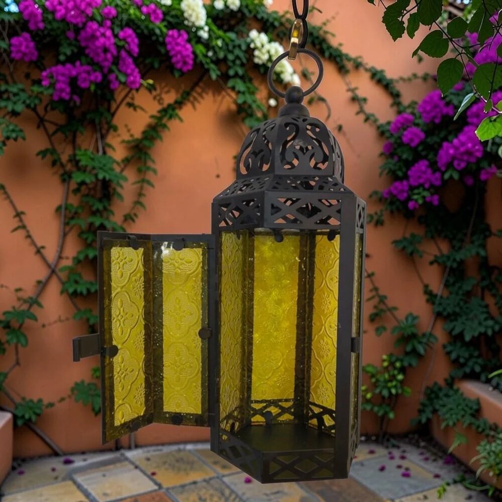Moroccan Style Hanging Candle Lantern Embossed Glass Black Metal - Purple